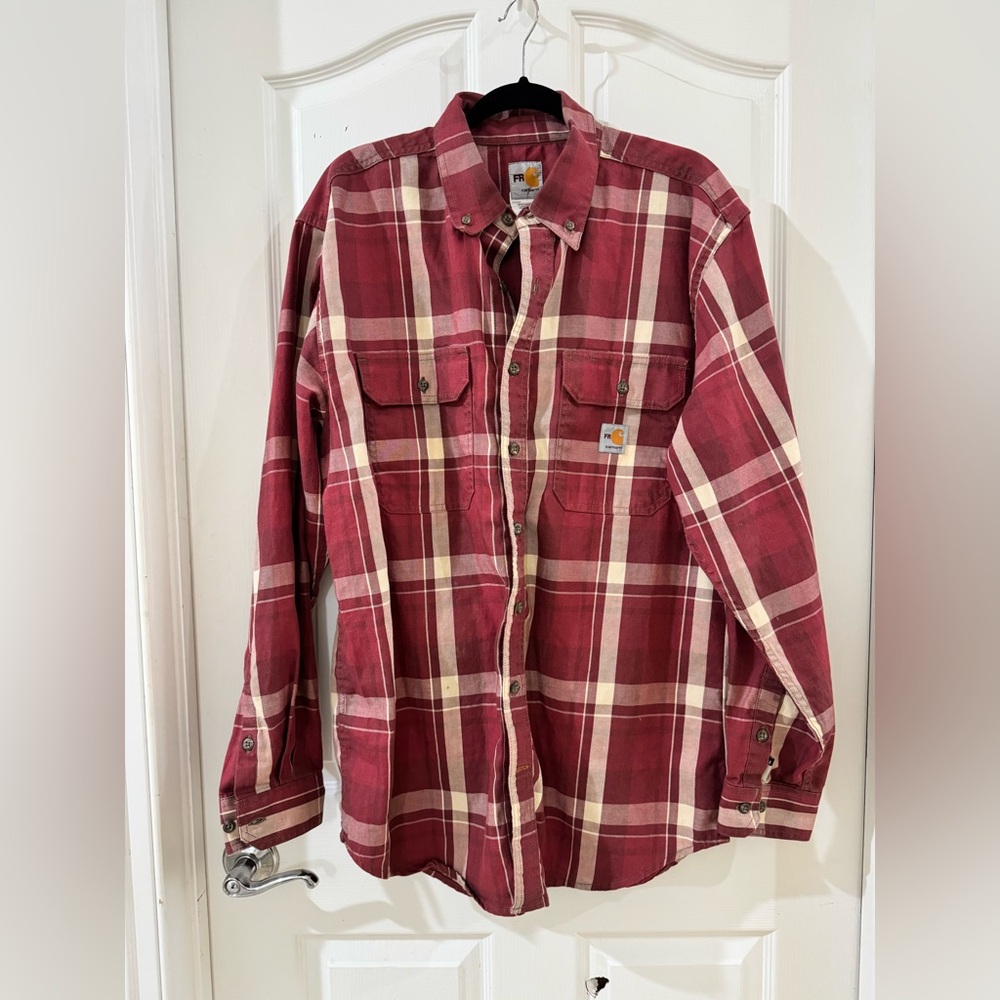 SOLD - Carhartt FR Flame Resistant Red and Cream Plaid Button-Up Shirt
